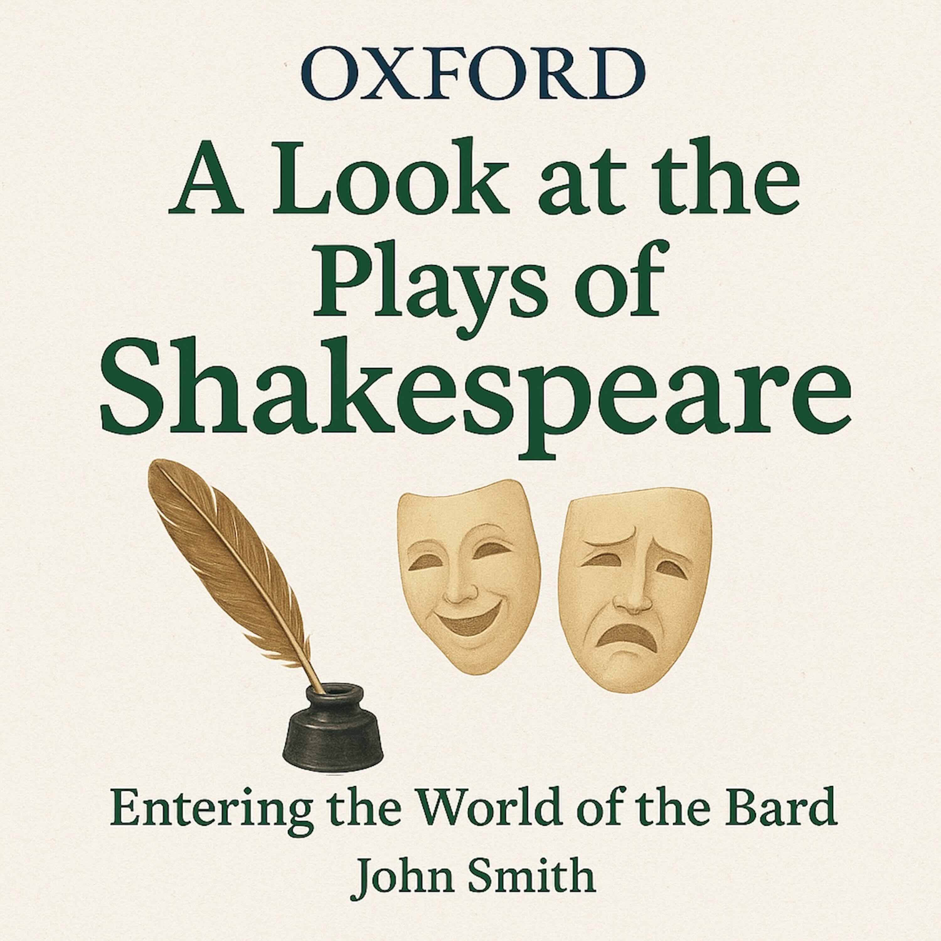 Theatre masks, inkwell and feather quill with the title of the series