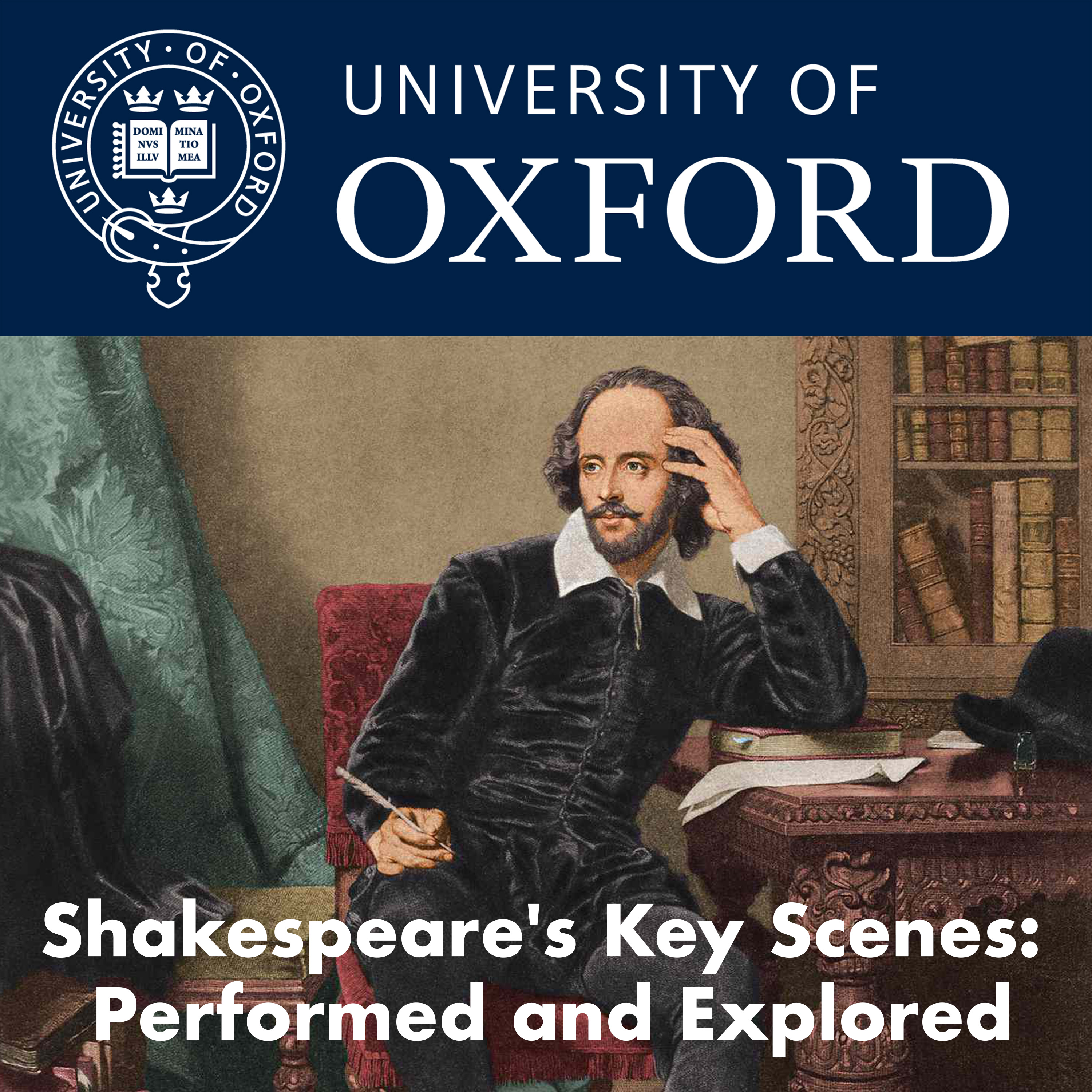 Shakespeare at desk with podcast title
