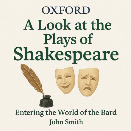 Theatre masks, inkwell and feather quill with the title of the series